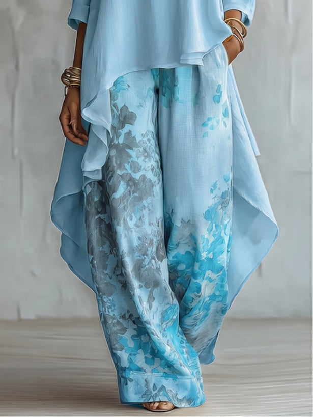 Blue Asymmetric Top &amp; Floral Wide-Leg Trousers Set