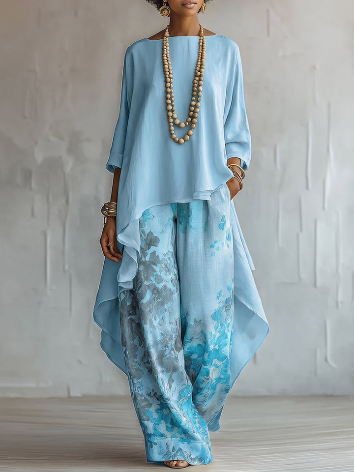 Blue Asymmetric Top &amp; Floral Wide-Leg Trousers Set