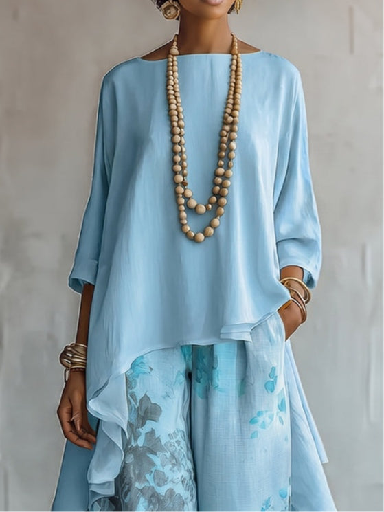 Blue Asymmetric Top &amp; Floral Wide-Leg Trousers Set