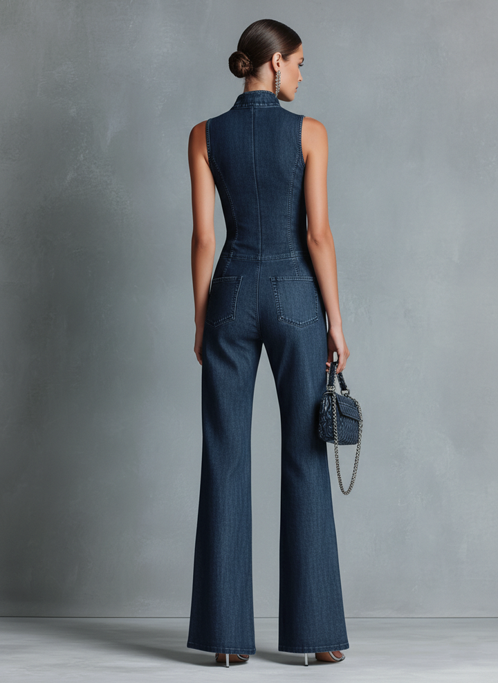 Valentine - Sleeveless Dark Blue Denim Jumpsuit with Retro Flared High Neck
