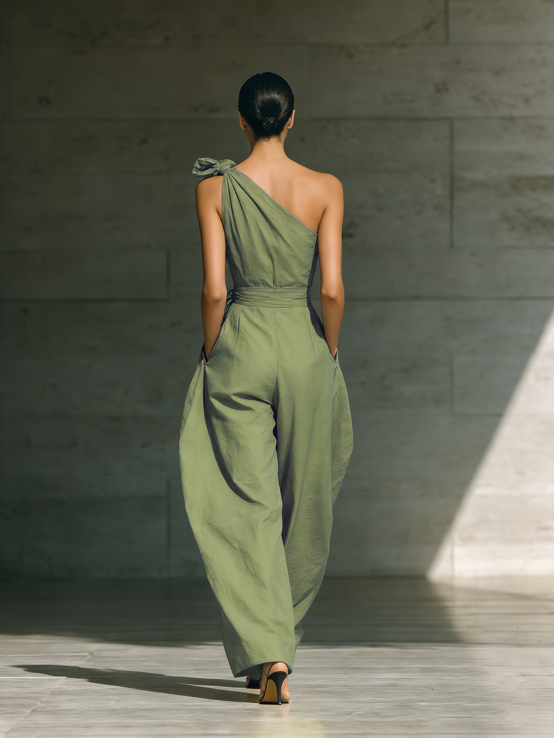 Léa - Wide One-Shoulder Jumpsuit in Cotton and Linen Blend