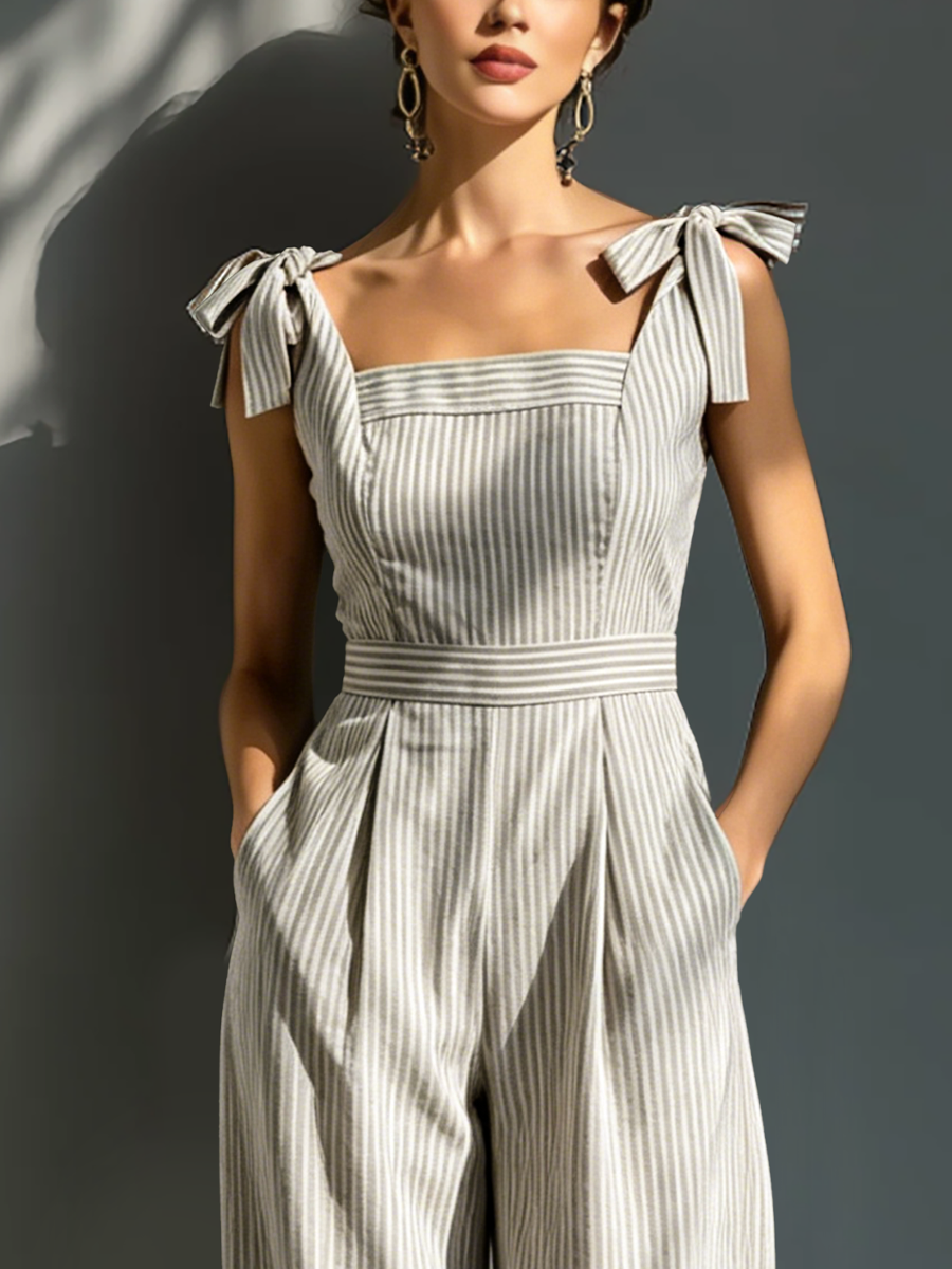 Celeste - Striped Beige and White Linen Blend Jumpsuit