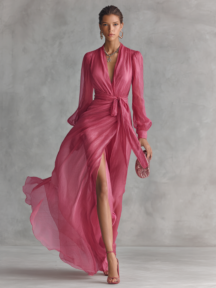 Noemi - Long Chiffon Dress with Beads and V-Neck