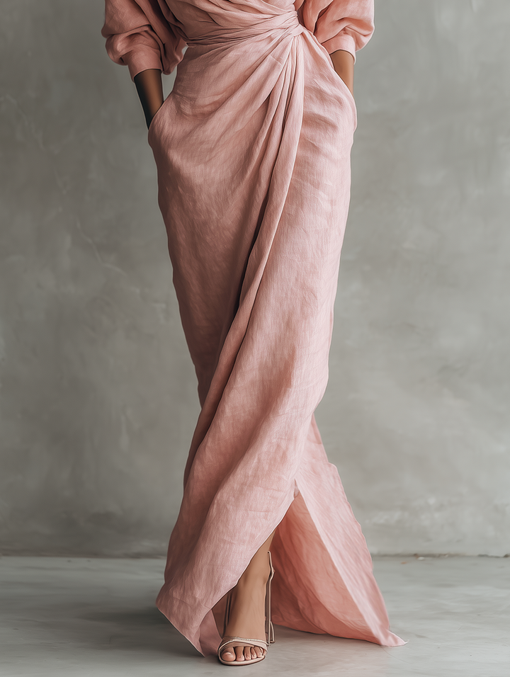 Eleonora - Maxi Linen Dress in Pink with V-Neck