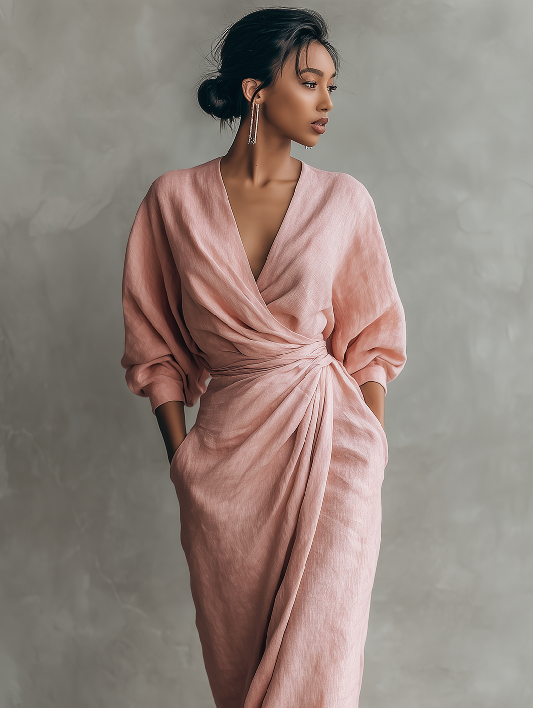 Eleonora - Maxi Linen Dress in Pink with V-Neck