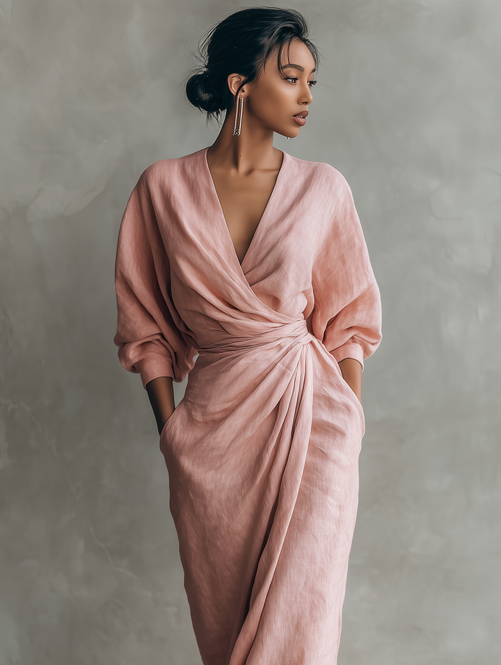 Eleonora - Maxi Linen Dress in Pink with V-Neck