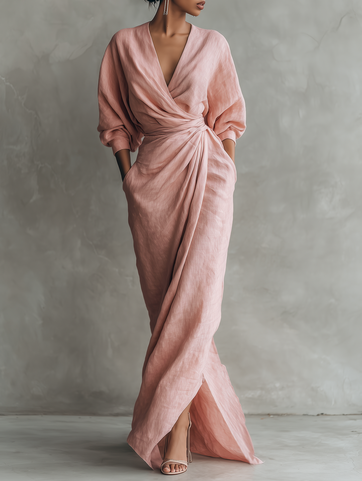 Eleonora - Maxi Linen Dress in Pink with V-Neck