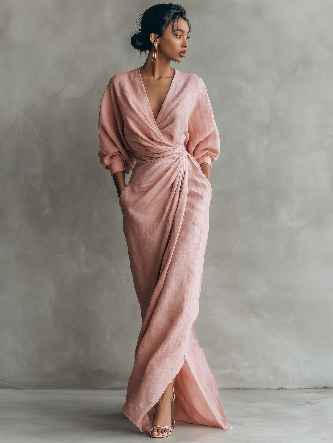 Eleonora - Maxi Linen Dress in Pink with V-Neck