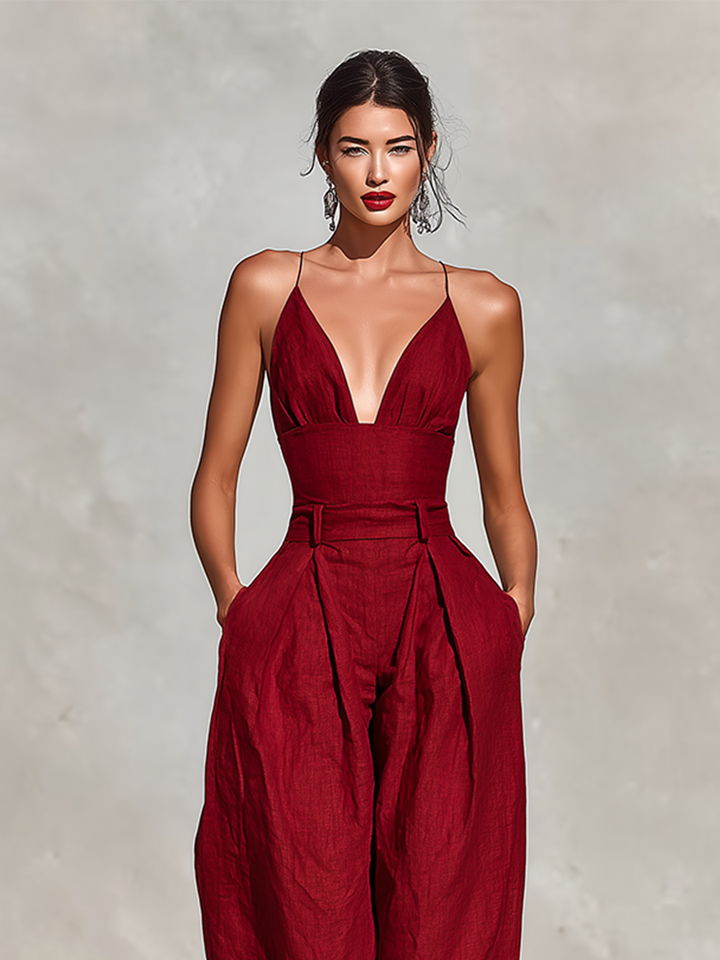 Estelle - Red Linen Jumpsuit for Women with Thin Straps