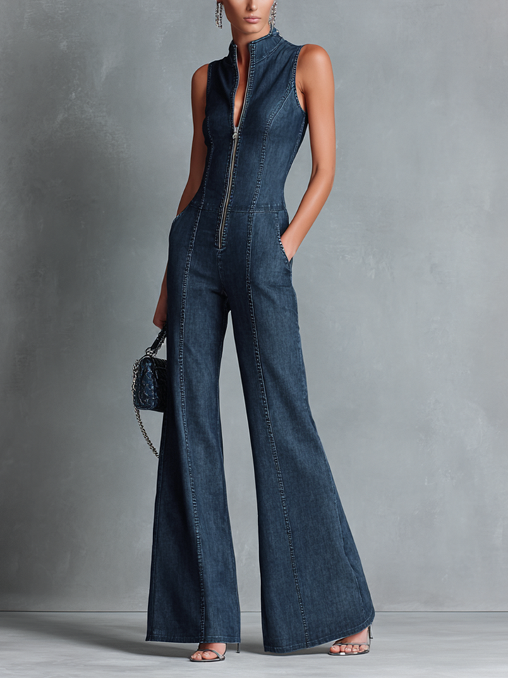 Valentine - Sleeveless Dark Blue Denim Jumpsuit with Retro Flared High Neck