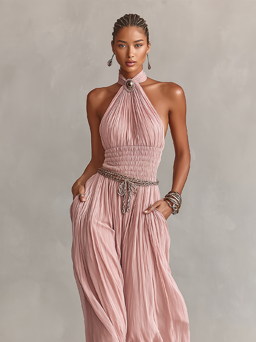 Margaux - Pleated Jumpsuit for Women in Pink with Halter Neck &amp; Ruched Waist