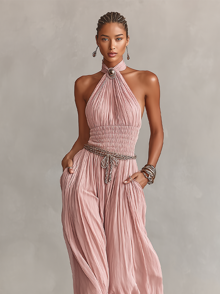 Margaux - Pleated Jumpsuit for Women in Pink with Halter Neck &amp; Ruched Waist