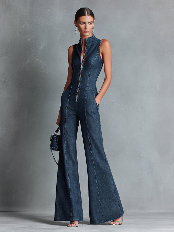 Valentine - Sleeveless Dark Blue Denim Jumpsuit with Retro Flared High Neck