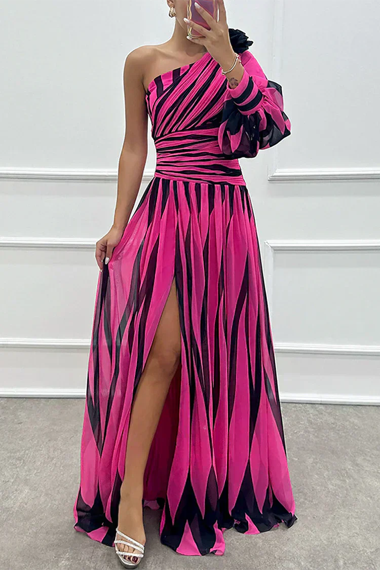 Violet &amp; Grace™ |Elegant Striped Maxi Dress with One Shoulder
