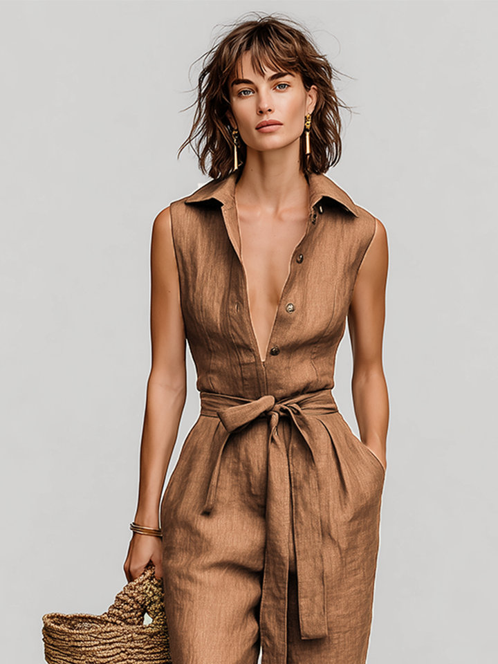 Élodie - Brown Tobacco Linen Jumpsuit
