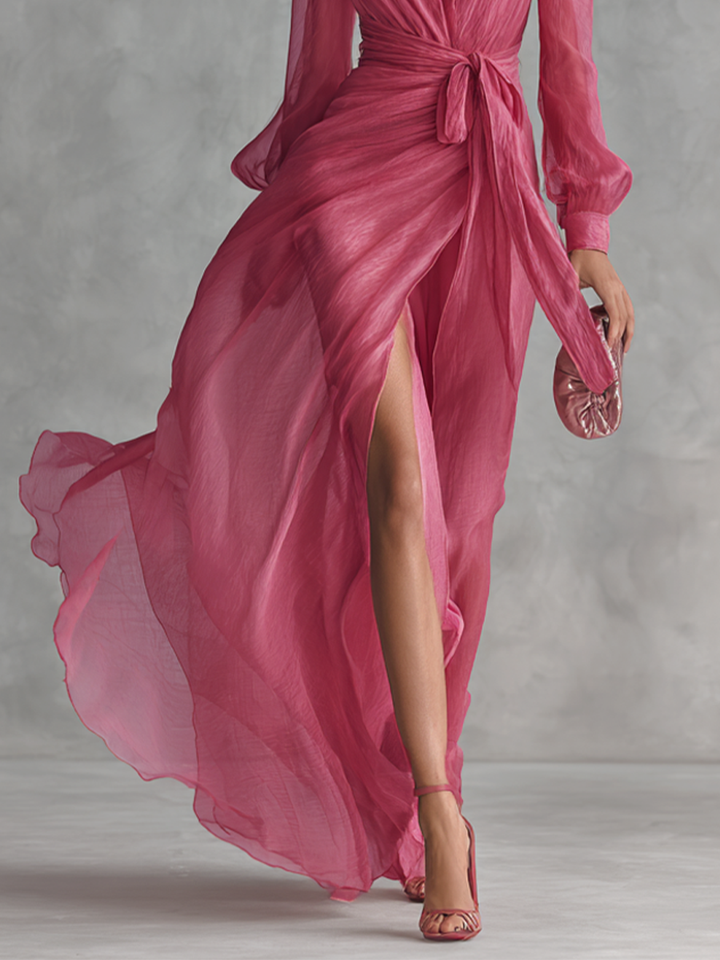 Noemi - Long Chiffon Dress with Beads and V-Neck