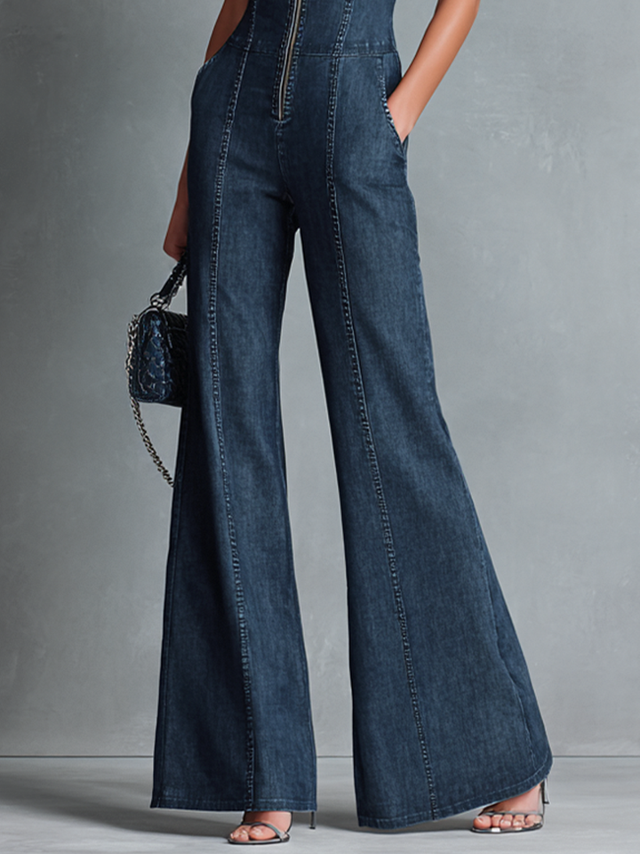 Valentine - Sleeveless Dark Blue Denim Jumpsuit with Retro Flared High Neck