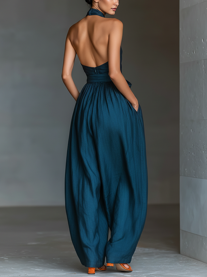 Solène - Cross-Back Linen Jumpsuit in Navy Blue