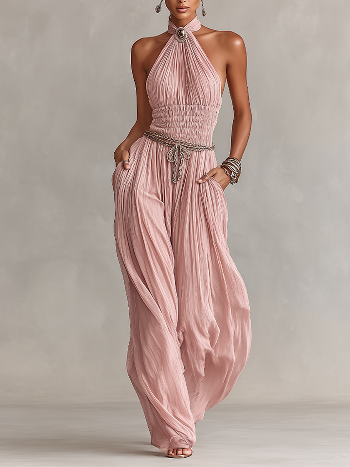 Margaux - Pleated Jumpsuit for Women in Pink with Halter Neck &amp; Ruched Waist