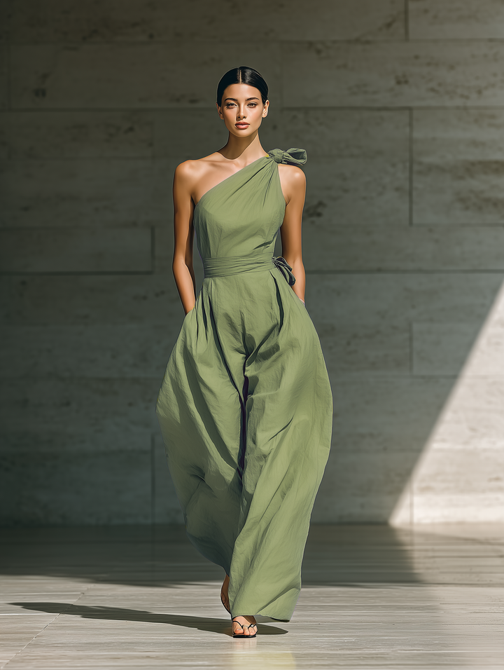 Léa - Wide One-Shoulder Jumpsuit in Cotton and Linen Blend