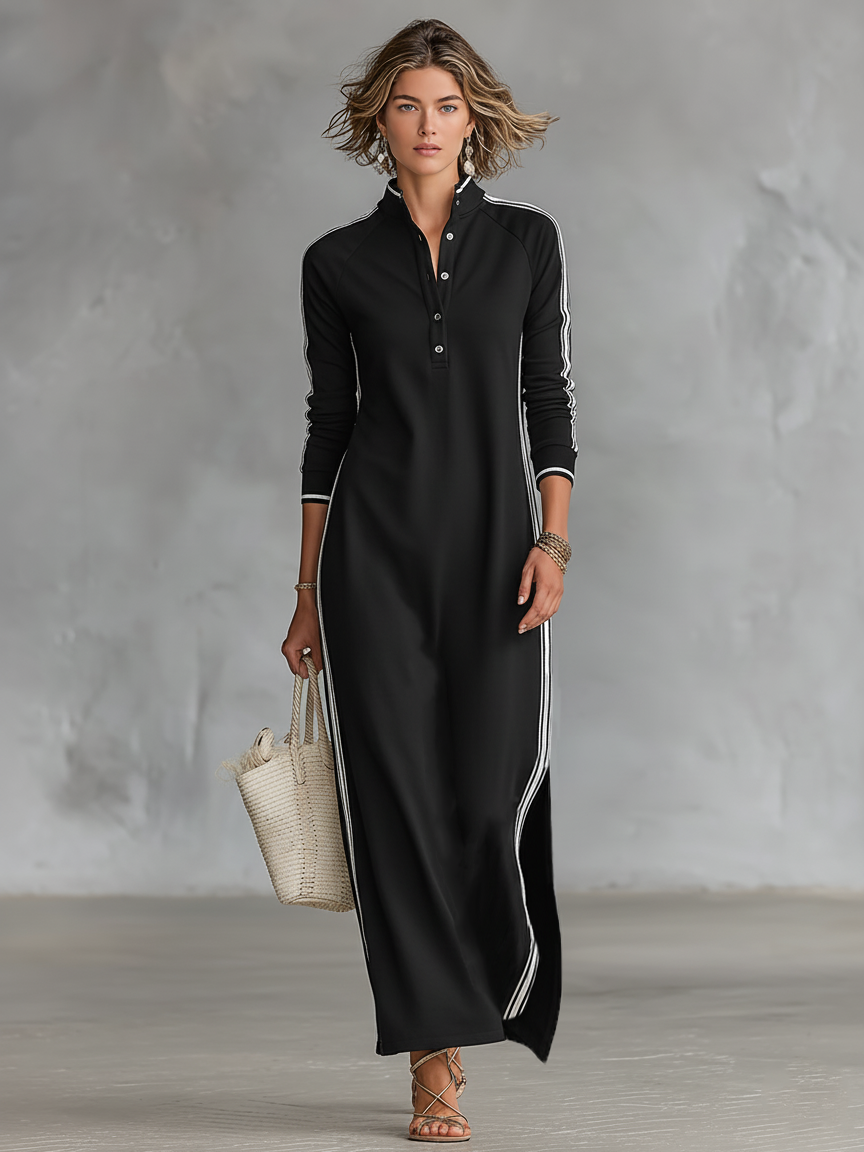 Ivana | Minimalist White-trimmed Button-down Collar Sweatshirt Maxi Dress