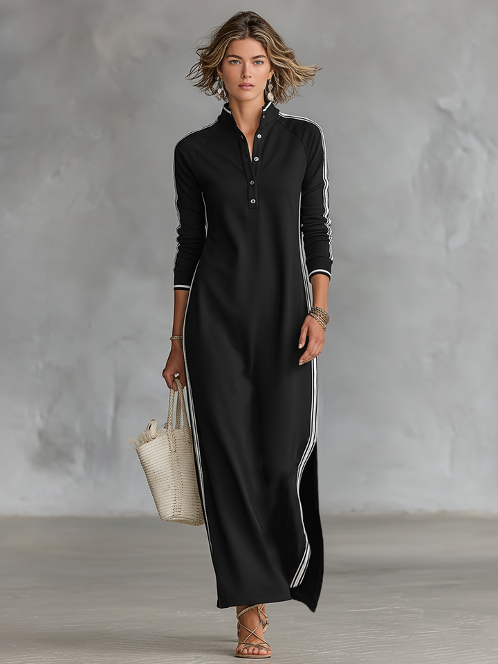 Ivana | Minimalist White-trimmed Button-down Collar Sweatshirt Maxi Dress