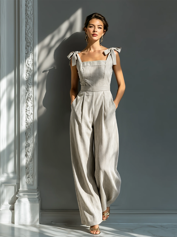 Celeste - Striped Beige and White Linen Blend Jumpsuit
