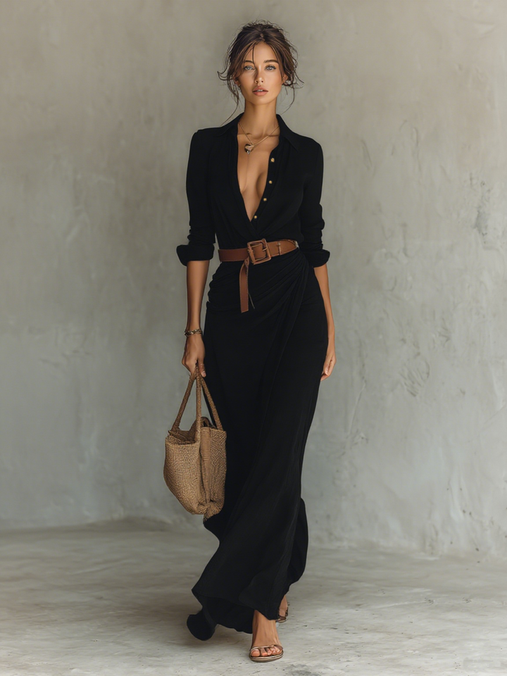 Federica - Long Dress with Lapels and Long Sleeves