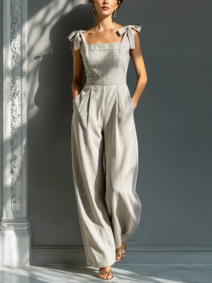 Celeste - Striped Beige and White Linen Blend Jumpsuit