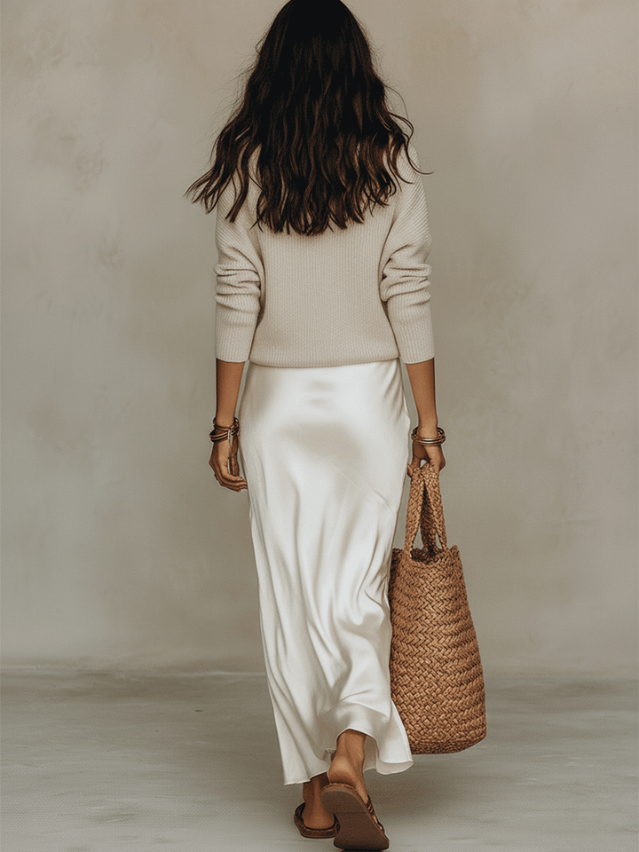 Elegant Knit Pullover &amp; Satin Midi Skirt Set — Gray