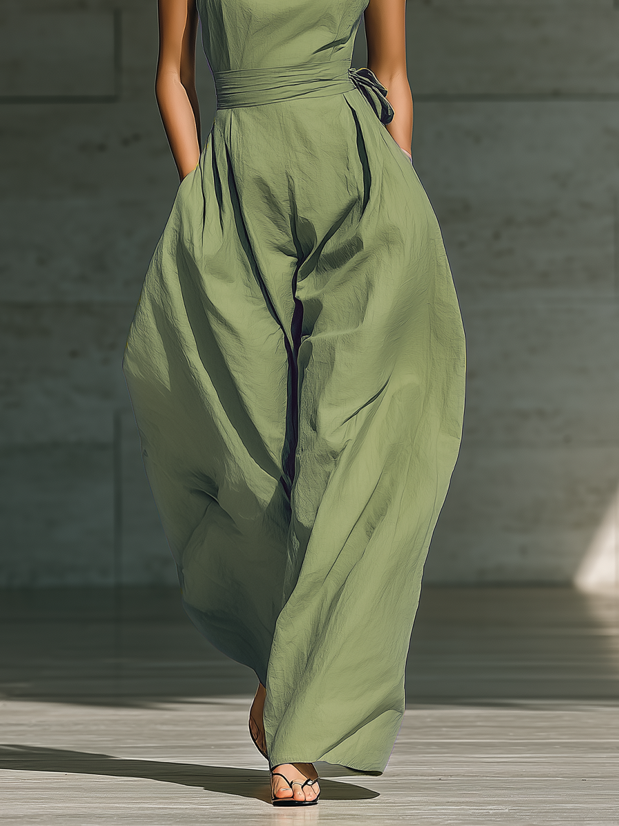 Léa - Wide One-Shoulder Jumpsuit in Cotton and Linen Blend