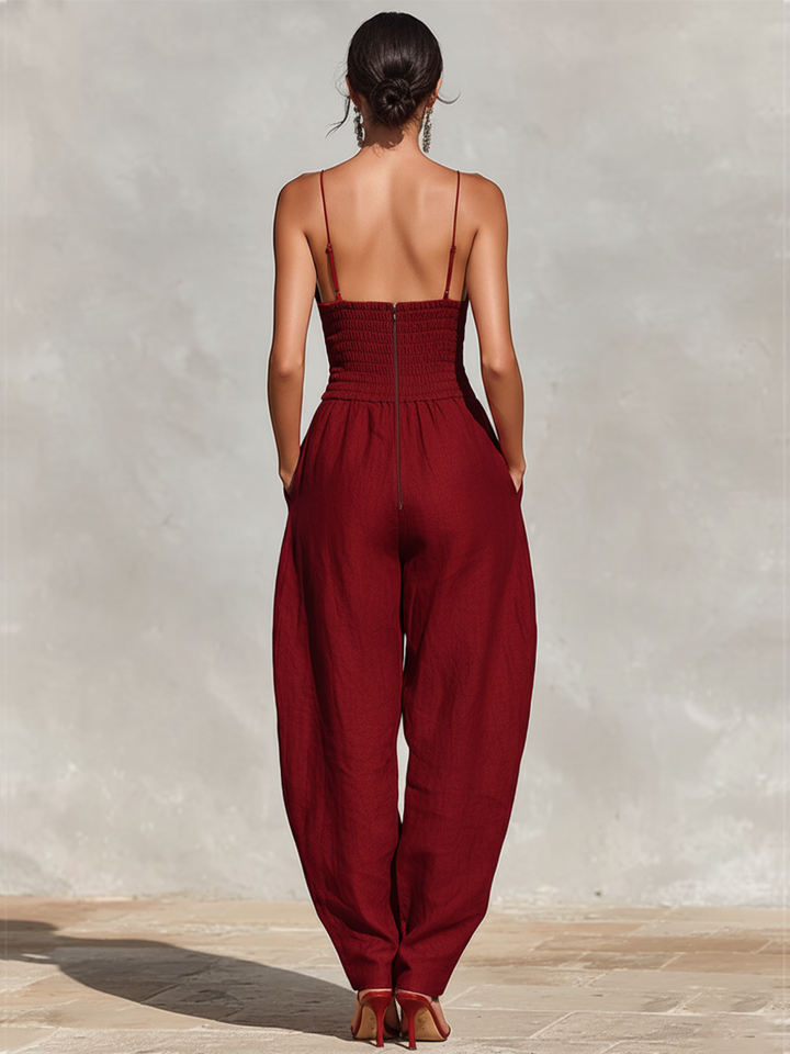 Estelle - Red Linen Jumpsuit for Women with Thin Straps