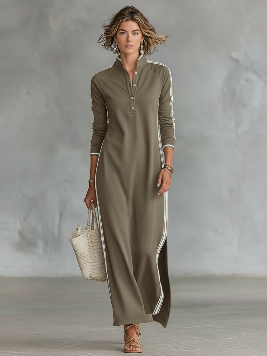 Ivana | Minimalist White-trimmed Button-down Collar Sweatshirt Maxi Dress