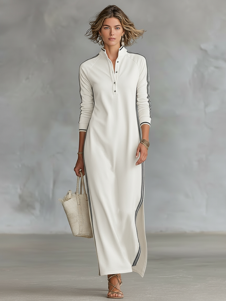 Ivana | Minimalist White-trimmed Button-down Collar Sweatshirt Maxi Dress