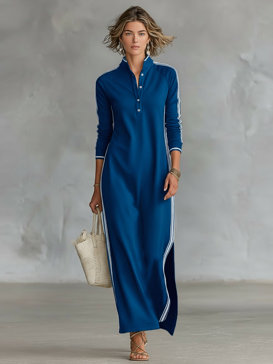 Ivana | Minimalist White-trimmed Button-down Collar Sweatshirt Maxi Dress