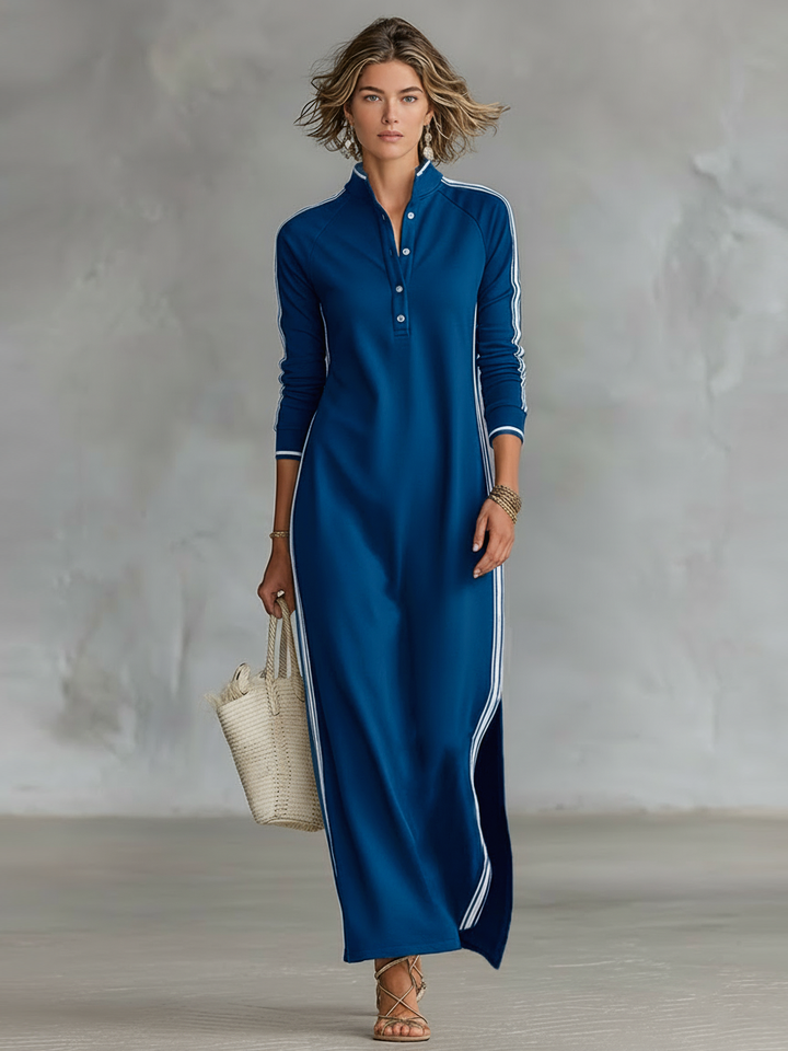 Ivana | Minimalist White-trimmed Button-down Collar Sweatshirt Maxi Dress