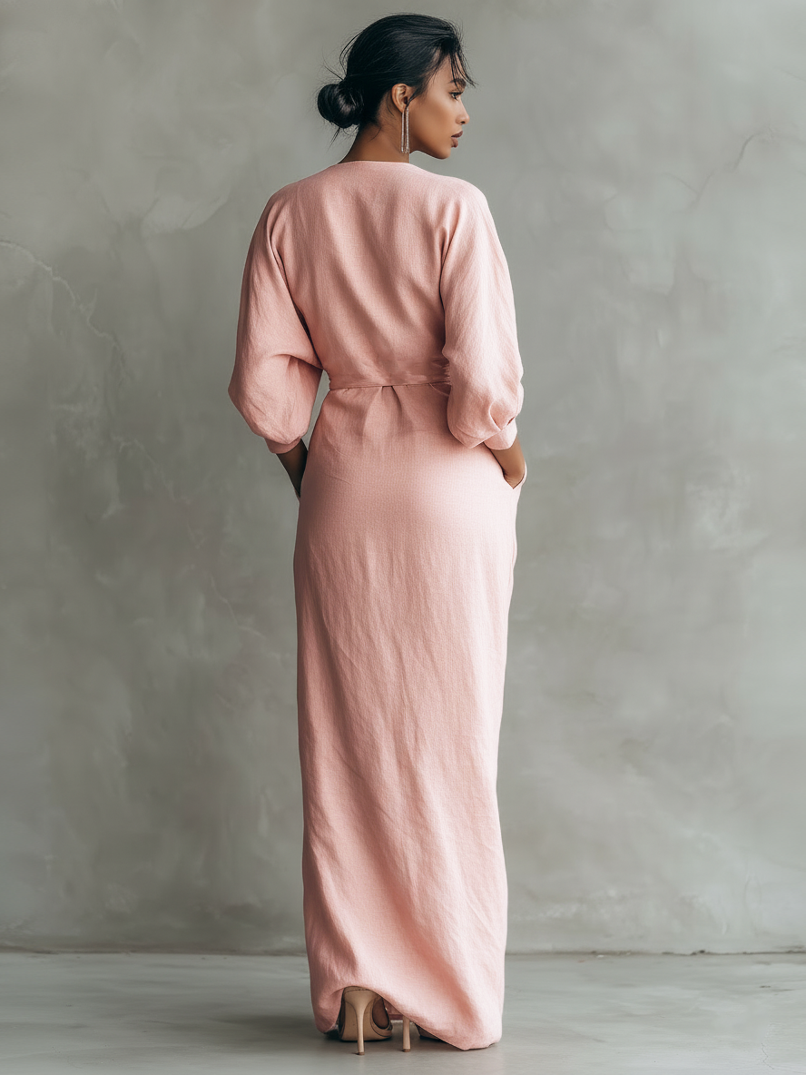 Eleonora - Maxi Linen Dress in Pink with V-Neck