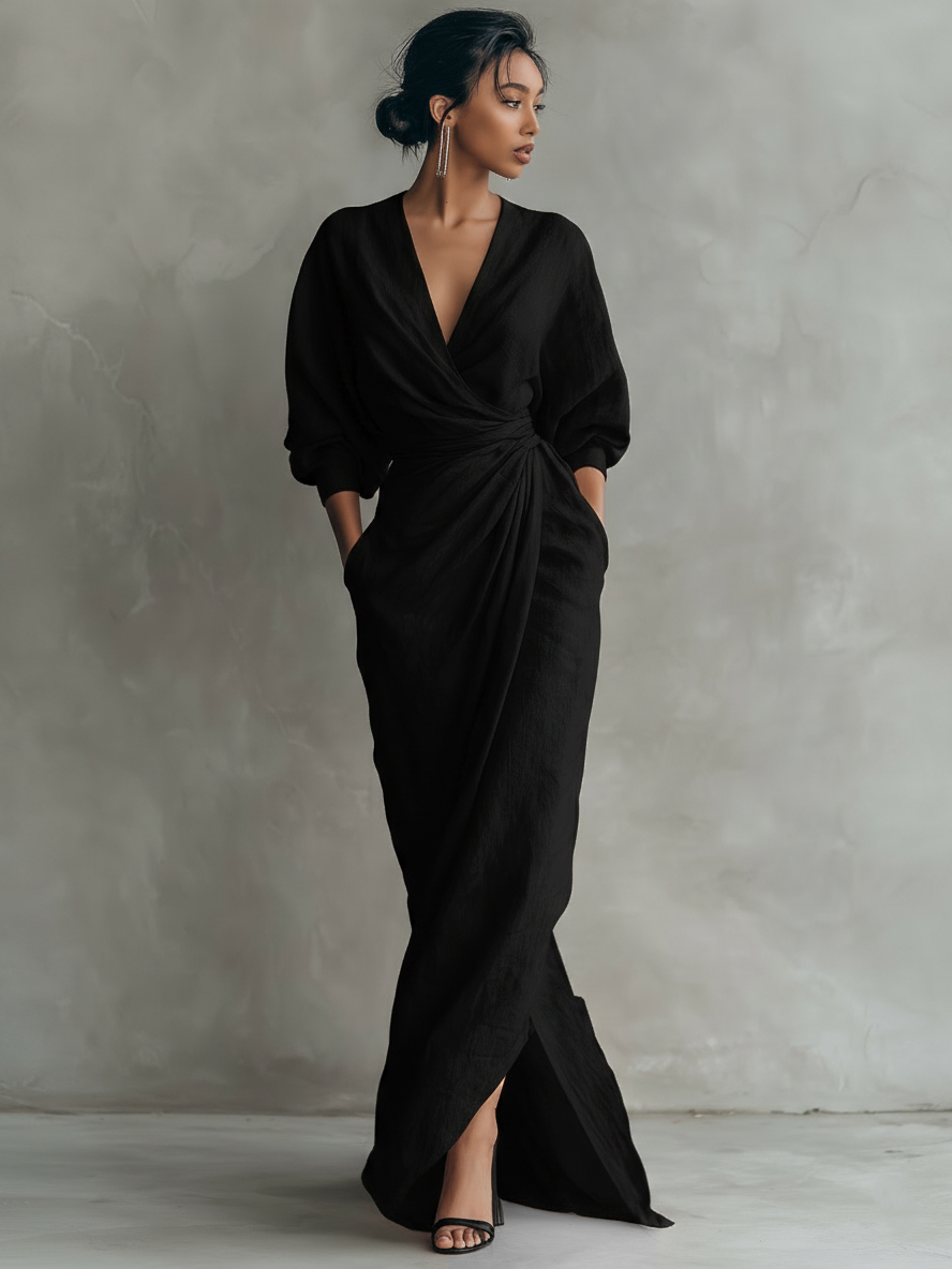 Eleonora - Maxi Linen Dress in Pink with V-Neck