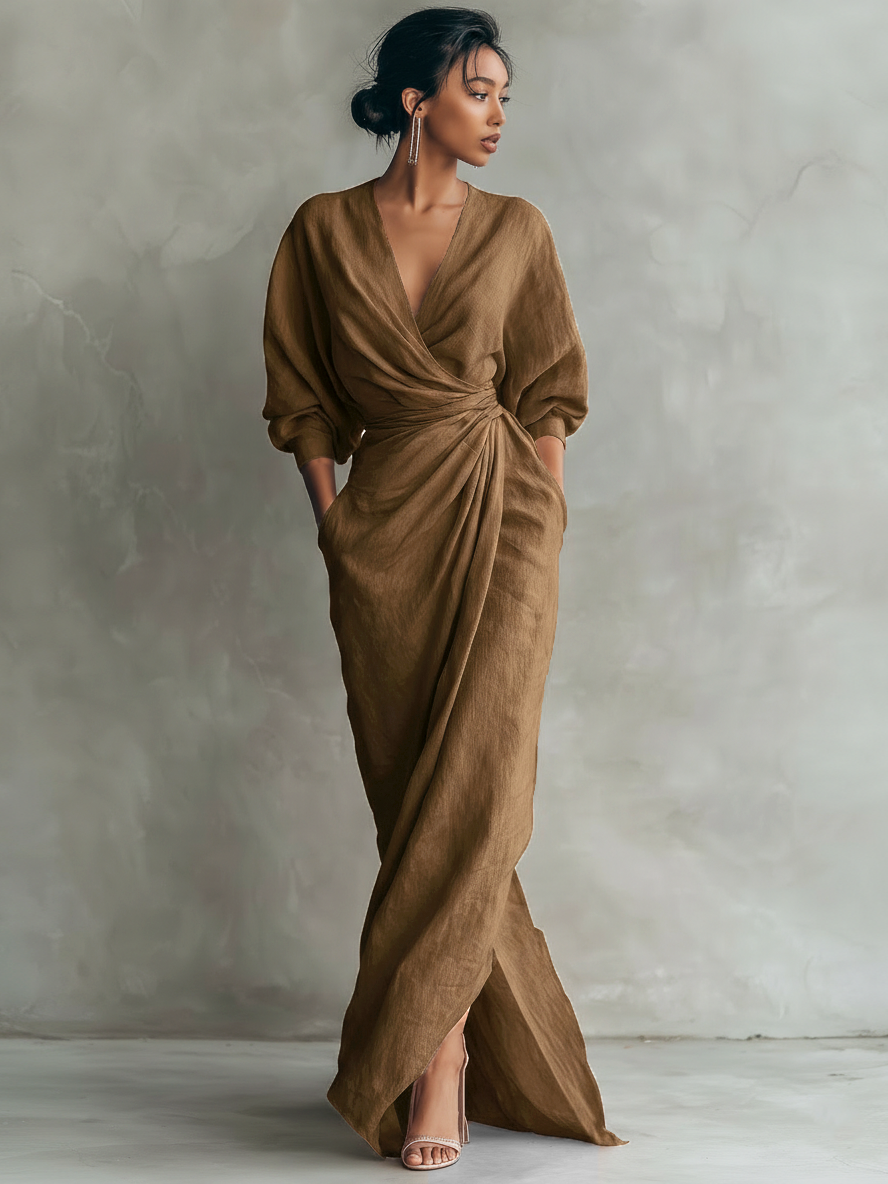 Eleonora - Maxi Linen Dress in Pink with V-Neck