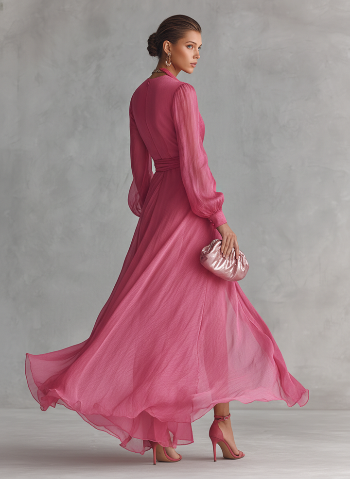 Noemi - Long Chiffon Dress with Beads and V-Neck