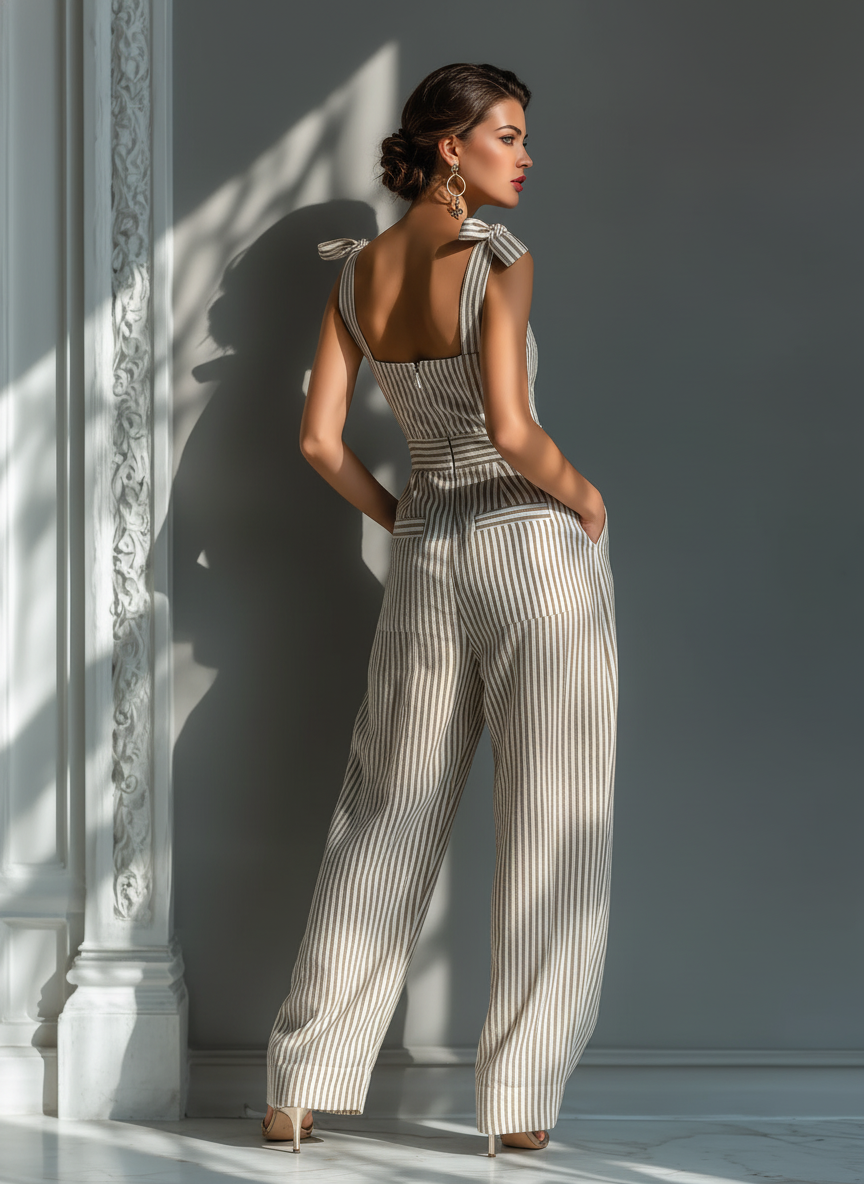 Celeste - Striped Beige and White Linen Blend Jumpsuit