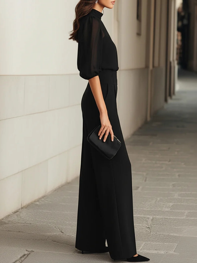 Sheer Black Camisole &amp; Wide-Leg Trousers Three-Piece Set