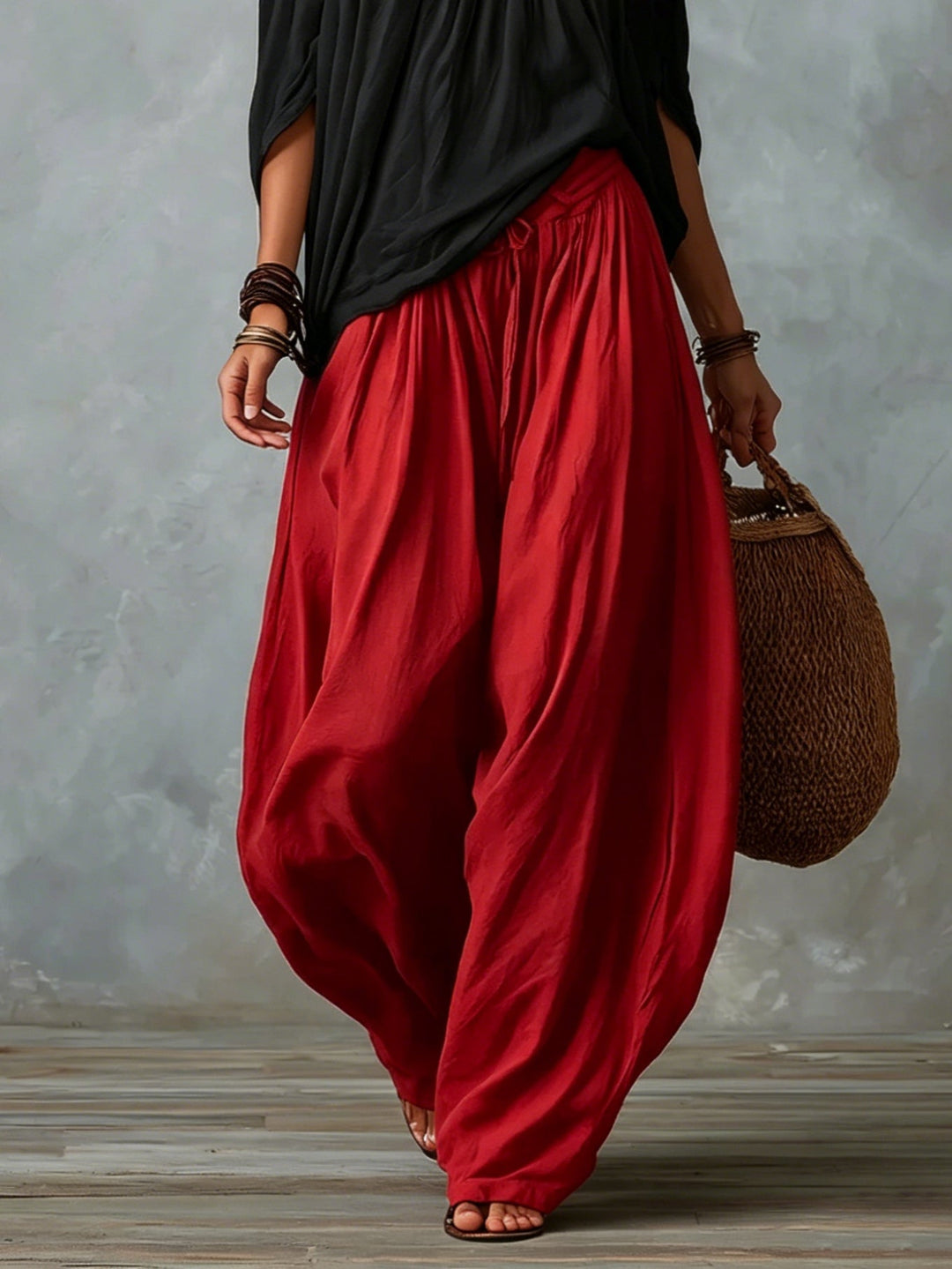 Off-Shoulder Black Top &amp; Red High-Waist Lantern Trousers Set