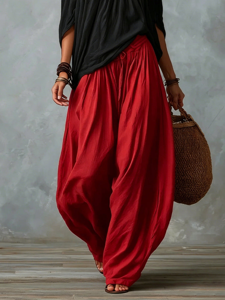 Off-Shoulder Black Top &amp; Red High-Waist Lantern Trousers Set