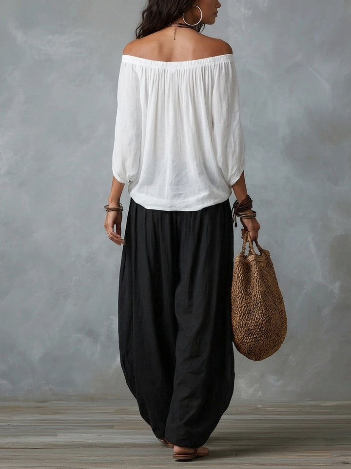 White Off-the-Shoulder Top &amp; Wide Lantern Trousers Set