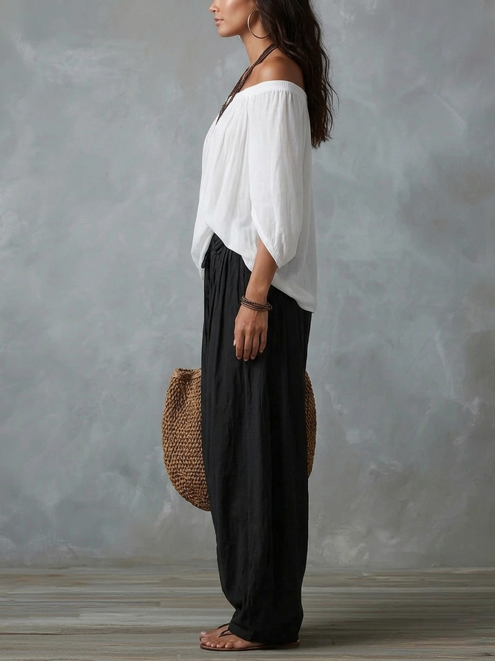 White Off-the-Shoulder Top &amp; Wide Lantern Trousers Set