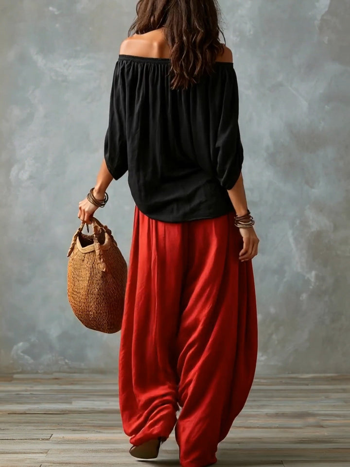 Off-Shoulder Black Top &amp; Red High-Waist Lantern Trousers Set