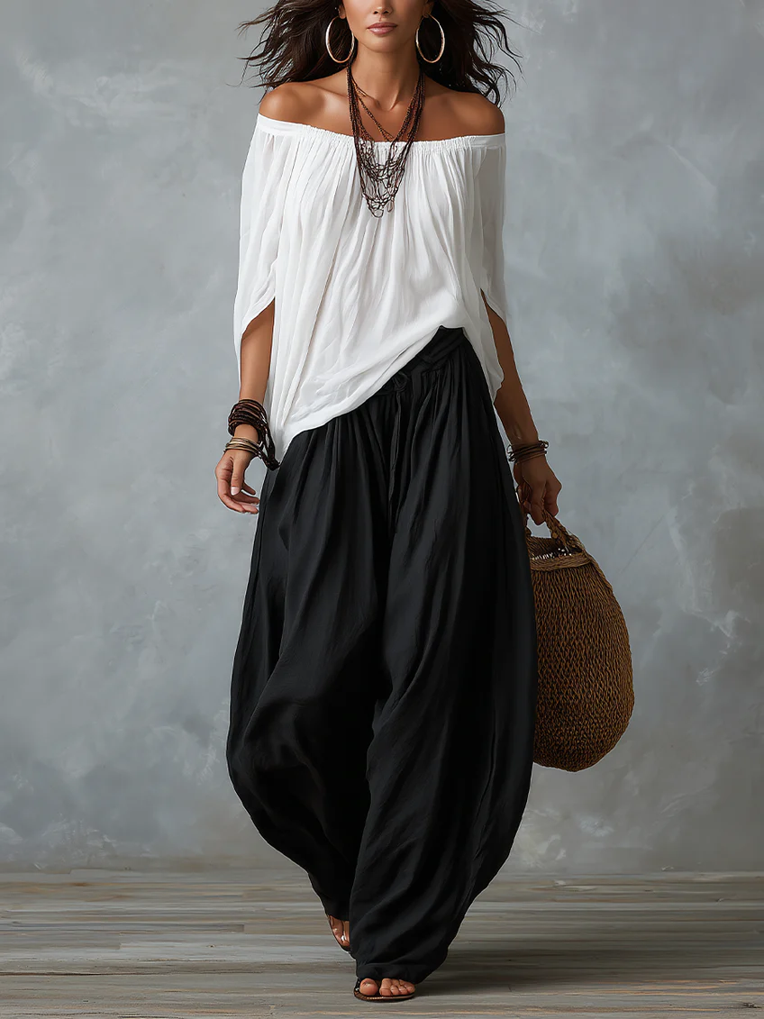 White Off-the-Shoulder Top &amp; Wide Lantern Trousers Set