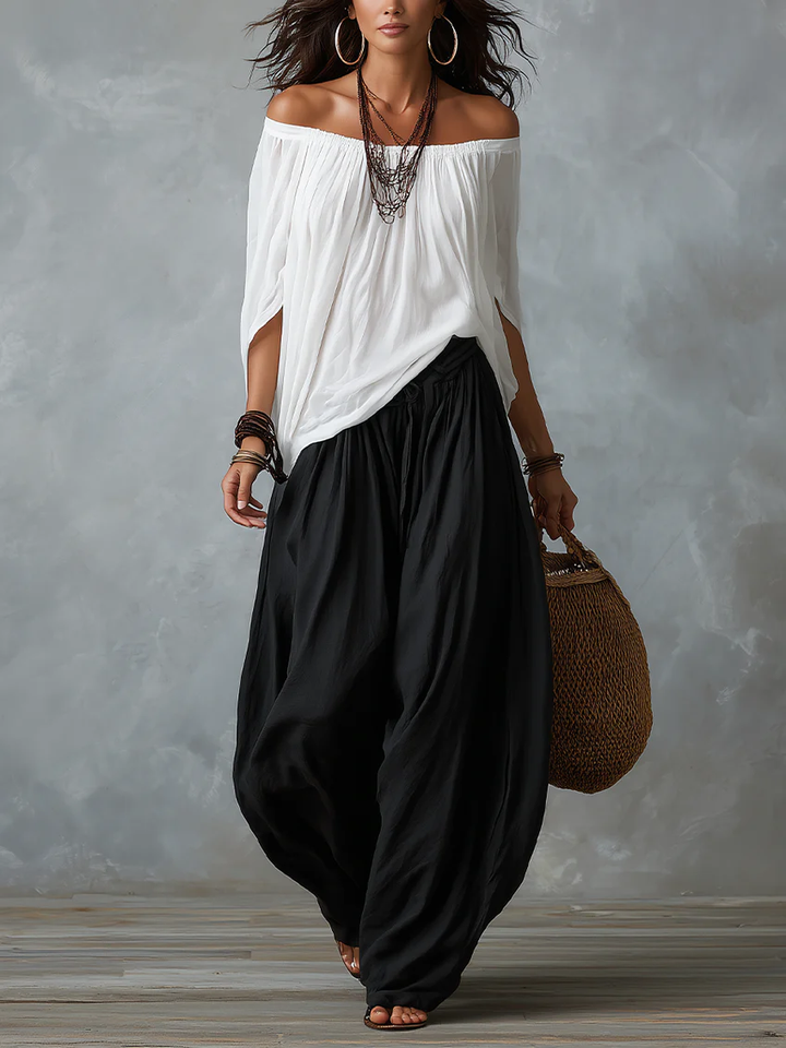 White Off-the-Shoulder Top &amp; Wide Lantern Trousers Set