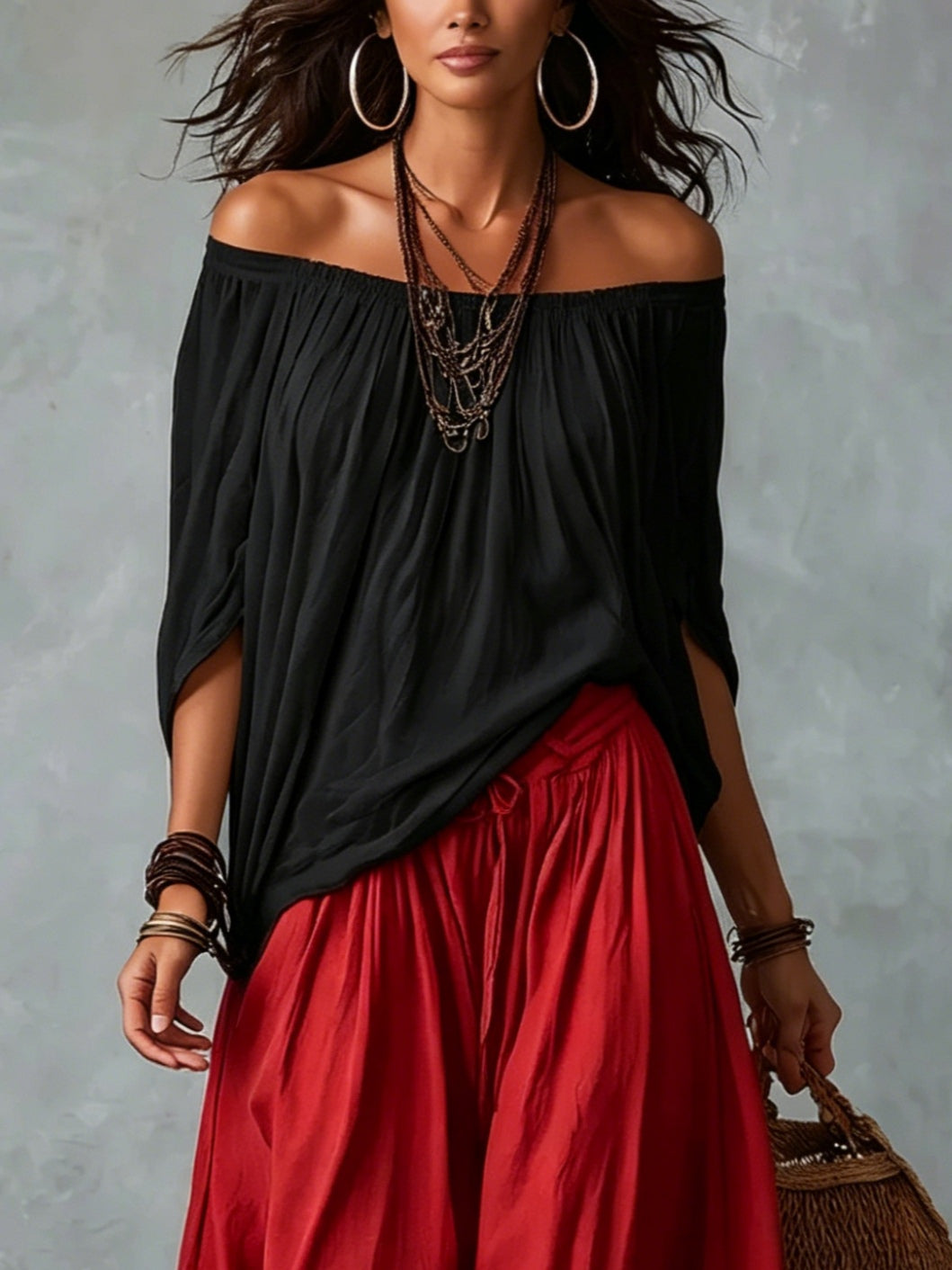 Off-Shoulder Black Top &amp; Red High-Waist Lantern Trousers Set